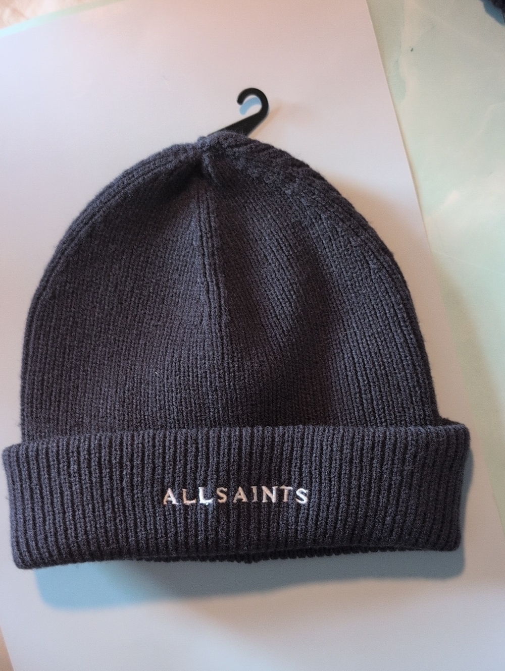 All Saints Charcoal Ribbed Knit Beanie with Embroidered Logo